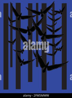 illustration of a forest and birds flying giving the impression that they are the branches of the trees, on a dark blue background Stock Vector