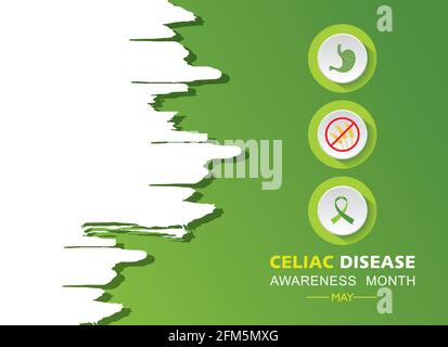 Vector illustration of Celiac Disease Awareness Month in May. It is an immune reaction to eating gluten, a protein found in wheat, barley. Stock Vector