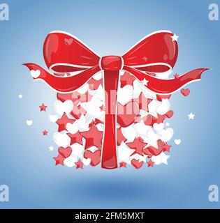 Gift of hearts and stars with a red bow on a blue background icon Christmas Stock Vector
