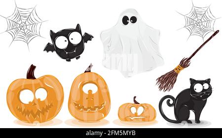 icons for Halloween with pumpkins ghost broom bat cobwebs and cat Stock Vector