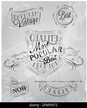 Set of retro styled chalk drawings of vintage premium quality badges and labels in gray Stock Vector