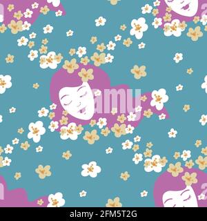 Vector seamless pattern with face of dreaming woman among flowers. Vector design for textile or wallpaper. Stock Vector