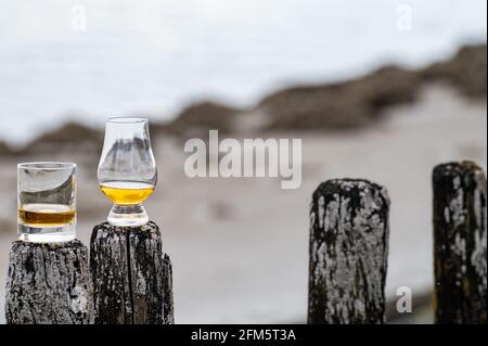Tasting of dram single malt scotch whisky on seashore in Scotland, old wooden poles with whisky glass Stock Photo