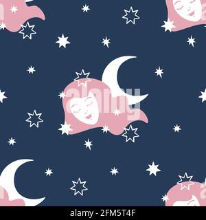 Vector seamless pattern with face of sleeping woman among the stars and crescent. Vector design for sleepwear or wallpaper. Stock Vector