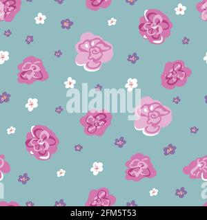 Vector seamless pattern with decorative flowers. Pink flowers on light blue background. Stock Vector