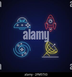 Astronautic neon light icons set Stock Vector