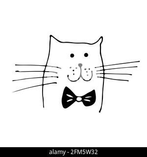 Cat face vector illustration, hand drawn sketch cat with bow isolated on white background Stock Vector