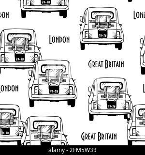 Old cars vector seamless pattern, hand drawn retro automobiles on white background with text Stock Vector