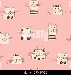 Cat faces vector seamless pattern, hand drawn cats isolated on pink background Stock Vector