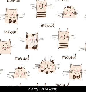 Cat faces vector seamless pattern, hand drawn cats with text Meow isolated on white background Stock Vector
