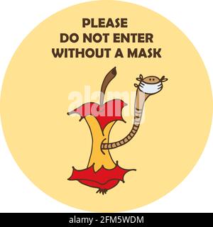 Worm in face masks in apple core vector illustration, isolated on yellow background with text Please do not enter without a mask Stock Vector