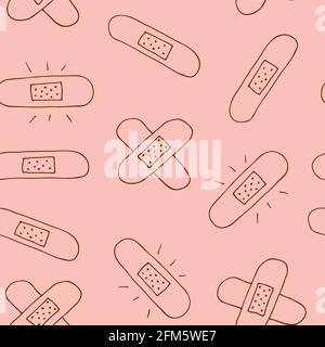 Sticking plaster vector seamless pattern, hand drawn band isolated on pink background Stock Vector