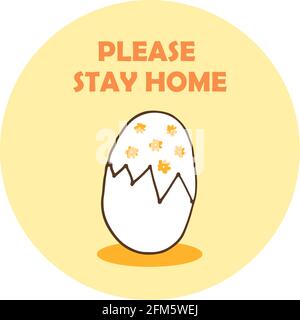 Cartoon egg in self-quarantine, hand drawn vector illustration isolated on yellow circle background with text Please stay home Stock Vector