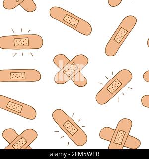 Sticking plaster vector seamless pattern, hand drawn band isolated on white background Stock Vector