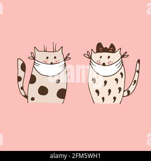 Two cats in face masks vector illustration, isolated on pink background Stock Vector
