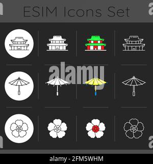 Korean traditions dark theme icons set Stock Vector