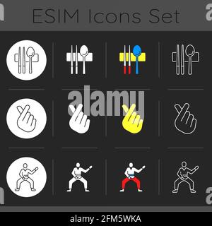 Korean nationals symbols dark theme icons set Stock Vector