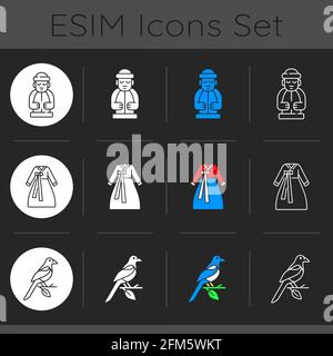 Culture of Korea dark theme icons set Stock Vector