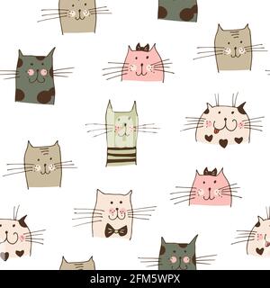 Cat faces vector seamless pattern, hand drawn cats isolated on white background Stock Vector