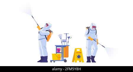 Disinfection by commercial disinfecting services, surface treatment from pandemic coronavirus. Disinfectant workers wear protective mask and suit Stock Vector