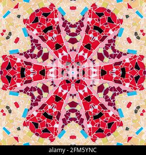 Colorful abstract kaleidoscope or endless pattern mosaic from broken tile and stone decorating on the wall for background. Stock Photo