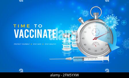Vector background design with Coronavirus vaccine. Watch condemning the start of vaccination time. Time to get vaccinated against the Covid-19. Stock Vector