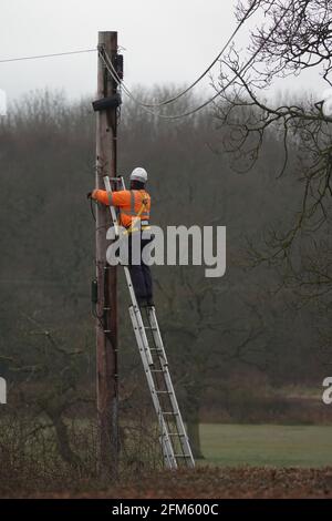 British Telecom Openreach engineer working at height at the top of a telegraph pole in the countryside Stock Photo