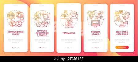 Essential digital skills red onboarding mobile app page screen with concepts Stock Vector