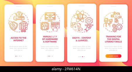 Digital inclusion components red onboarding mobile app page screen with concepts Stock Vector