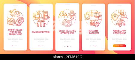 Digital inclusion benefits red onboarding mobile app page screen with concepts Stock Vector