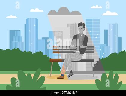 Mental stress problem, loneliness concept vector illustration. Cartoon sad upset lonely man character sitting on city park bench alone under cloud of depression, worrying about problem background Stock Vector