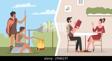 Modern, cave primitive people life evolution vector illustration. Cartoon caveman family cooking fish on fire, man woman characters sitting at restaurant table with menu ordering food background Stock Vector