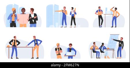 Architect people work, construction worker profession vector illustration set. Cartoon professional builder constructor characters working on blueprints for architecture buildings isolated on white Stock Vector