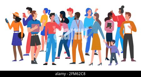 People walk in crowd vector illustration. Cartoon different ages and multiethnic diverse crowd group of man and woman characters in casual clothes walking, holding smartphone isolated on white Stock Vector