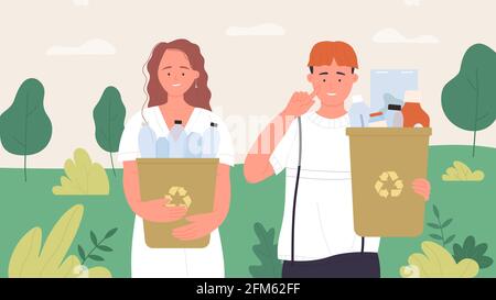 People clean nature forest environment from plastic waste vector illustration. Cartoon happy girl boy characters collect garbage trash, young volunteers holding bags of plastic bottles background Stock Vector