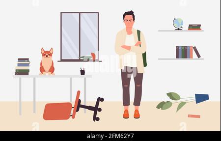 Bad behavior of domestic animal, mischievous pet dog vector illustration. Cartoon cute naughty puppy or nasty playful doggy sitting on table to play, owner pet man character angry at mess background Stock Vector