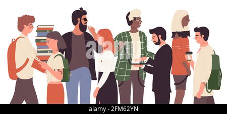 Crowd of people walk, side view vector illustration. Cartoon business lady in office outfit, busy businessman with laptop, student holding books, hipster walking. Crowd community isolated on white Stock Vector