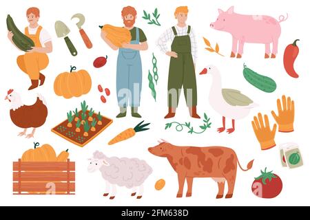 People farmers farming, grow harvest vegetables for sale in agriculture market vector illustration set. Cartoon young man worker characters plant organic agricultural products, care domestic animals Stock Vector