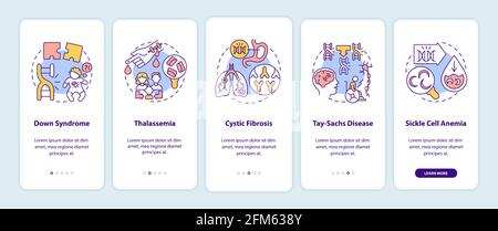 Most common genetic diseases onboarding mobile app page screen with concepts Stock Vector