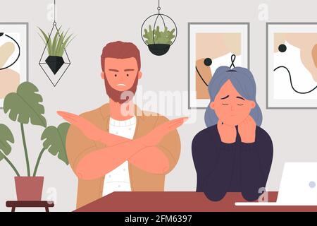 Family abuse, couple people quarrel criticize vector illustration. Cartoon young angry husband screaming at wife, quarreling in anger, woman character crying, divorce conflict conversation background Stock Vector