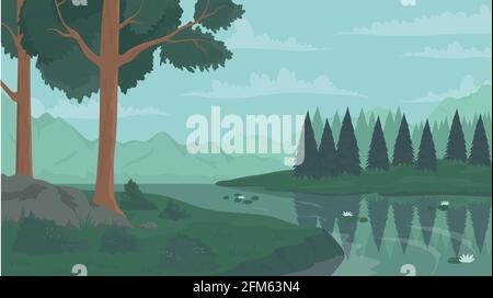 Forest scene, river and summer trees nature scenery view vector illustration. Cartoon natural wild green valley landscape, calm waters flow, mountains on horizon, beautiful wilderness background Stock Vector
