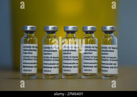 London, UK. 01st May, 2021. Vials containing the Oxford/AstraZeneca Covid-19 vaccine seen at a vaccination centre in London. Credit: SOPA Images Limited/Alamy Live News