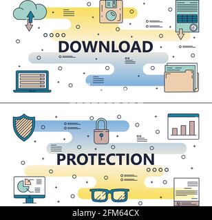 Vector line art download protection poster banner Stock Vector