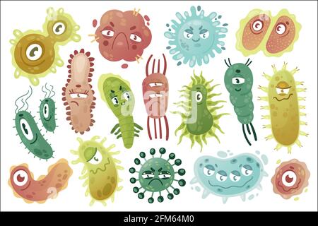 Germs, cute funny colorful set vector illustration. Cartoon comic germs disease microorganism creature characters collection, kawaii microbe pathogen bacteria virus with funny faces isolated on white Stock Vector