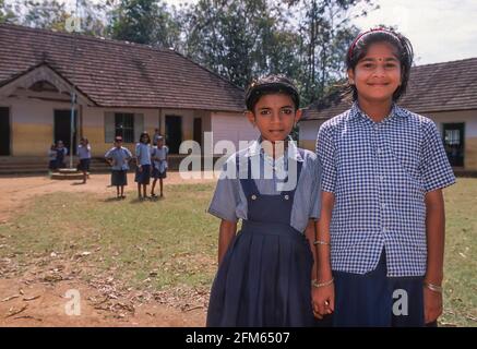 KERALA, INDIA - School girls at the St. Anthony Upper Primary School in the Western Ghats mountains, Kottayam district. Kerala has an exceptionally high literacy rate. Stock Photo