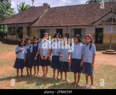 KERALA, INDIA - School girls at the St. Anthony Upper Primary School in the Western Ghats mountains, Kottayam district. Kerala has an exceptionally high literacy rate. Stock Photo