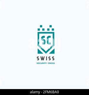Shield vector logo. Cyber security emblem. Vector. Cross logo Stock Vector