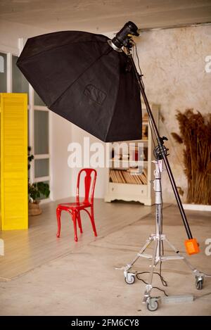 working environment in a photo studio. large octobox and interior for portrait home photoshoot Stock Photo