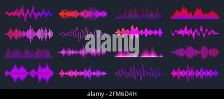 Colorful sound waves collection. Analog and digital audio signal. Music equalizer. Interference voice recording. High frequency radio wave. Vector Stock Vector