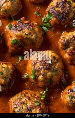 Homemade Healthy Italian Turkey Meatballs with Tomato Sauce Stock Photo